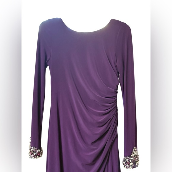 ELIZA J Women's Purple Ruched Rhinestone Cuff Long Stretch Jersey Gown Dress - Picture 3 of 8